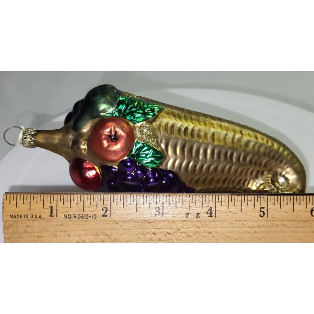 Germany Cornucopia Blow Mold Ornament Gold Harvest Fruit Thanksgiving Holiday